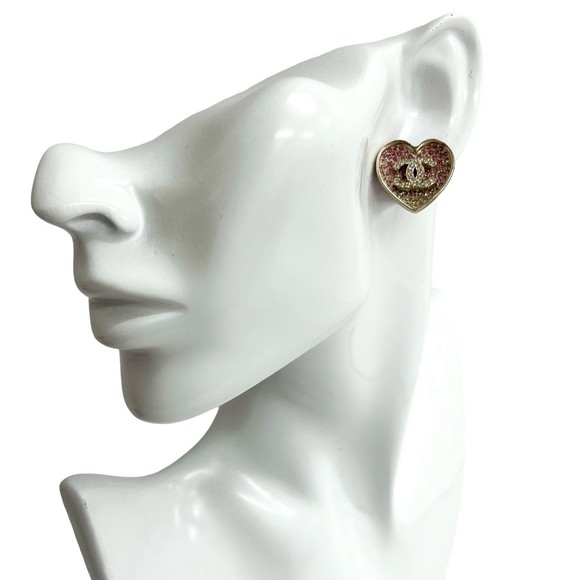 CHANEL Coco Mark Heart Rhinestone Metal Earrings Gold and Pink 63508